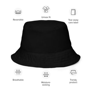 Curious Black Cat Reversible Bucket Hat. Description