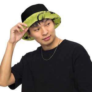 Curious Black Cat Reversible Bucket Hat on male model