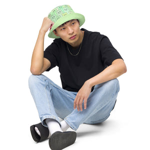 Cat-themed Reversible Bucket Hat | Happy Cat Green. on male model