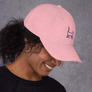 Embroidered Cat Hat | Pink with Navy Cat. on model side