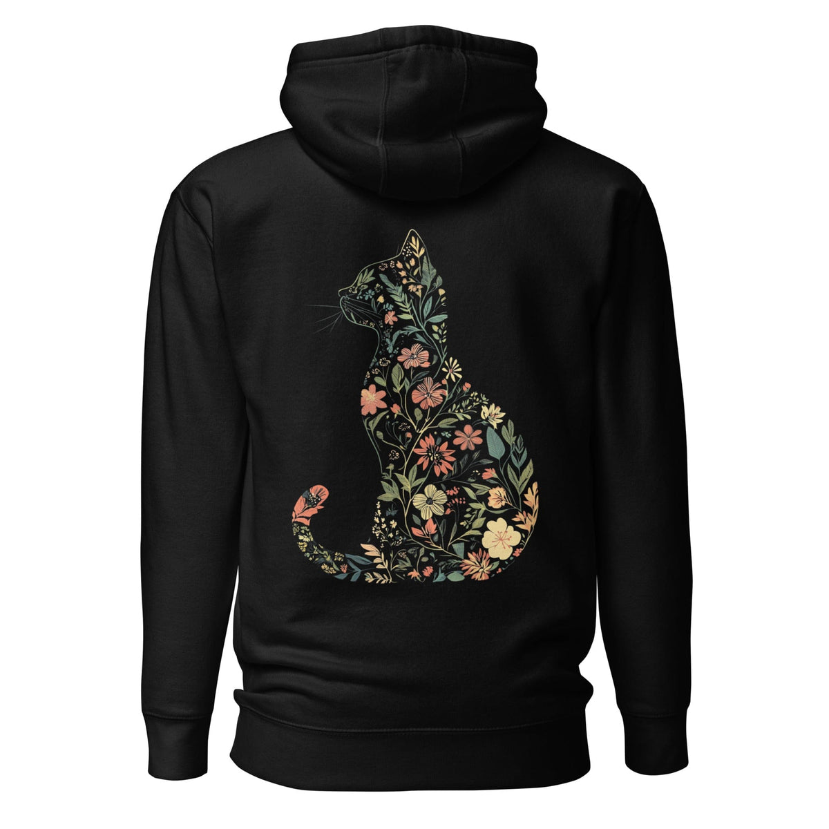 Black hoodie with colorful floral silhouette of a cat on the back 