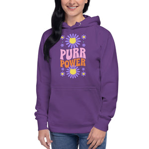 Cat-themed Hoodie | Purr Power |  Purple front on model