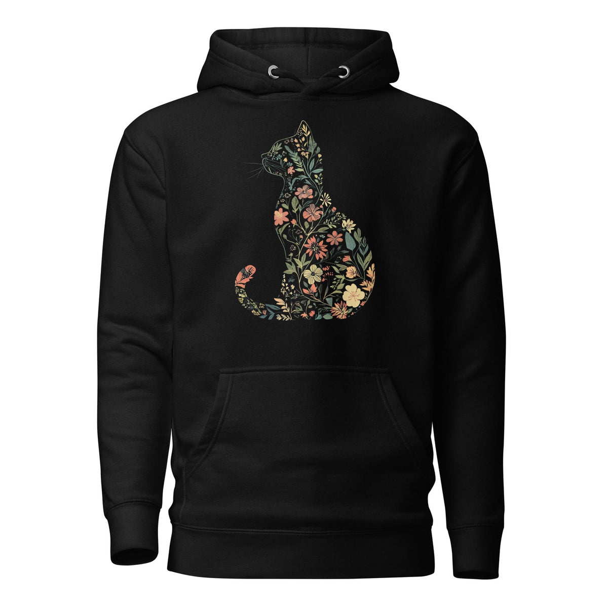 A black hoodie with a floral pattern forming the silhouette of a cat on the front