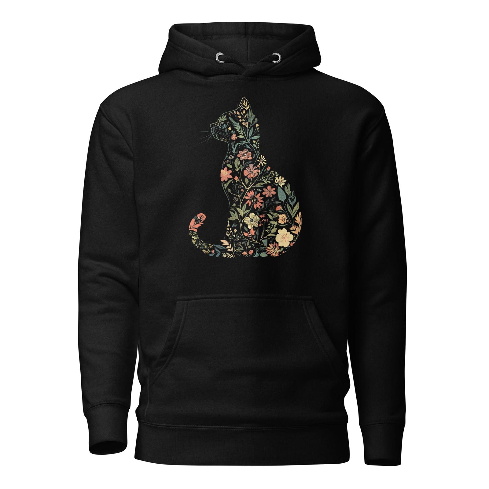 A black hoodie with a floral pattern forming the silhouette of a cat on the front