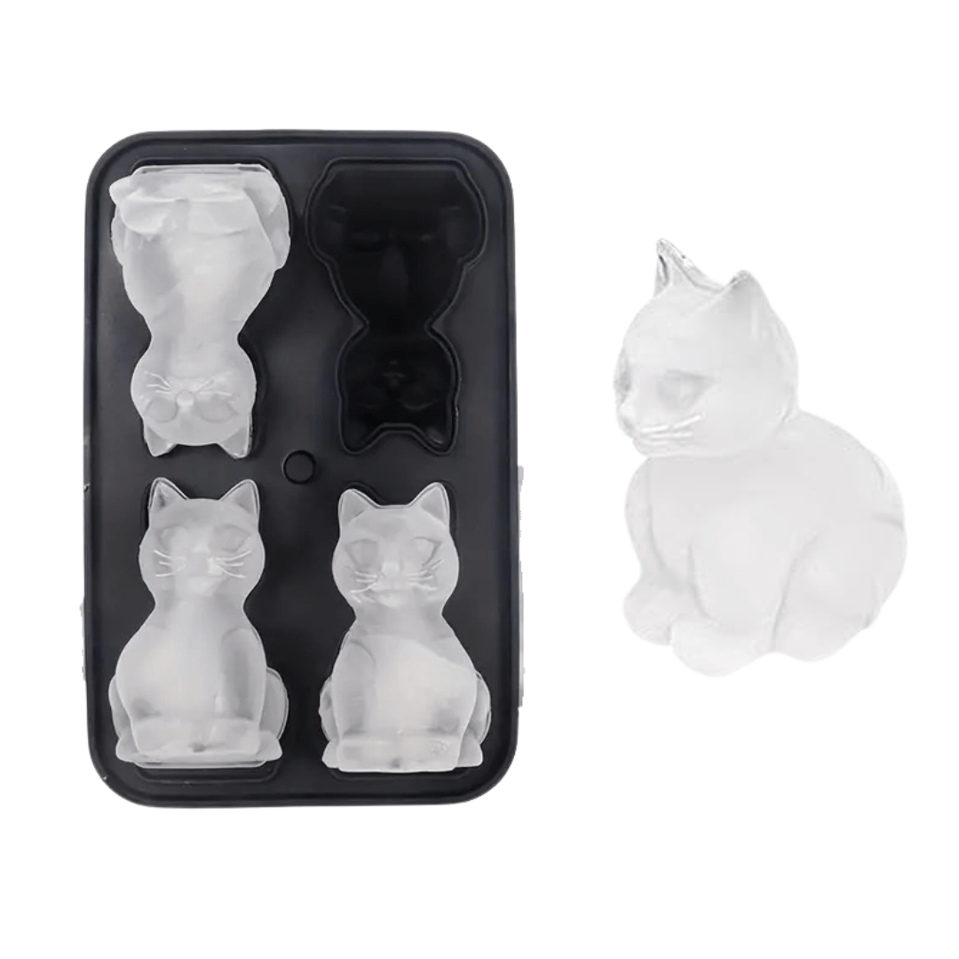 Cat shaped ice cube tray with cat ice cubes in it featured on white background