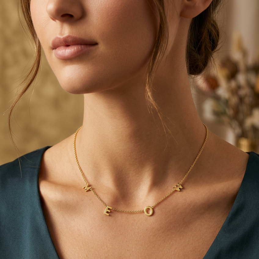 A close-up lifestyle shot of a model wearing a delicate gold chain necklace with small letter charms spelling 'MOTHER'. The necklace is shown against the model's neck and upper chest, wearing a dark teal satin top.