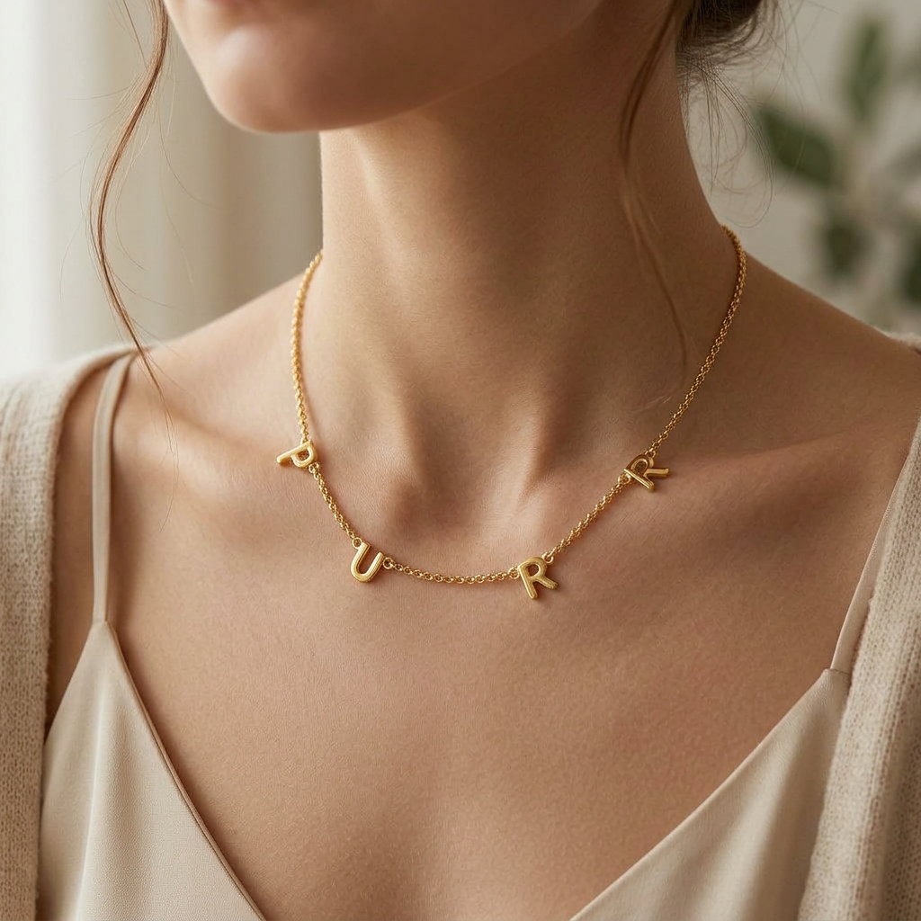 A close-up of a woman wearing a delicate gold initial necklace with the letters R, U, and K spaced along a thin chain.