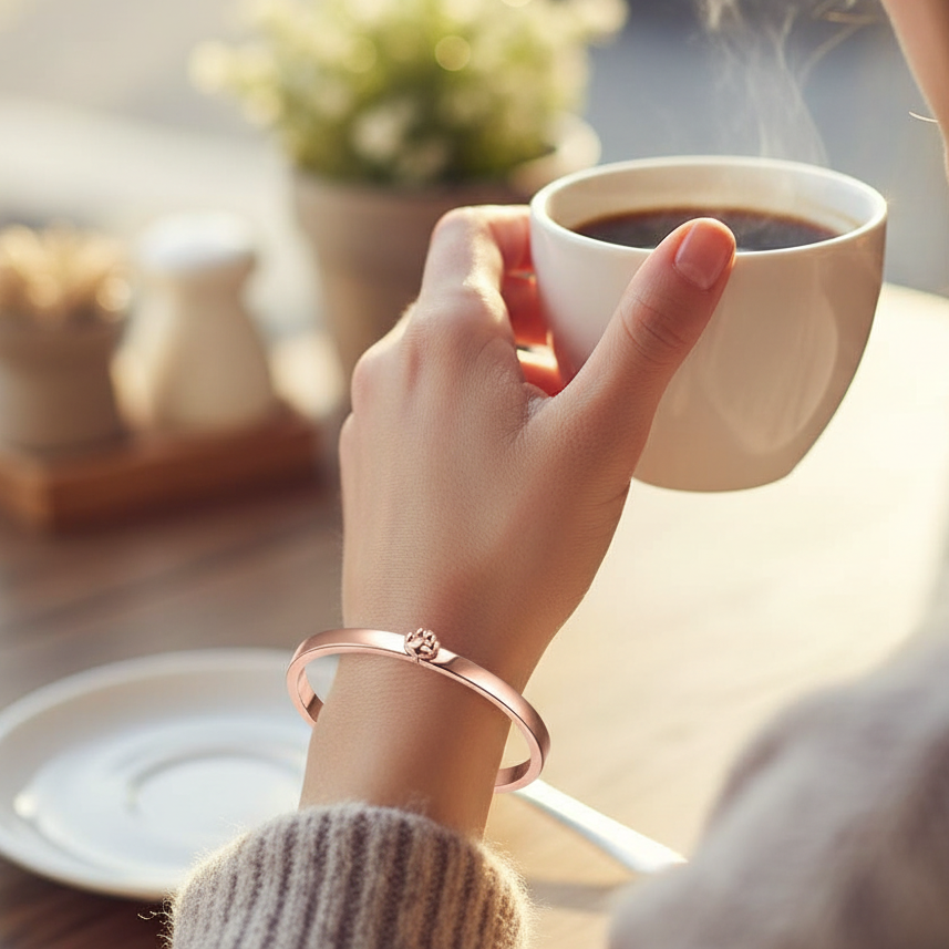 Rose Gold Cat Paw bracelet is a classic luxury brand design with a twist - our cat! Woman holds cup of coffee and on her left arm is a Rose Gold bangle with a Cat Paw levered hinge.