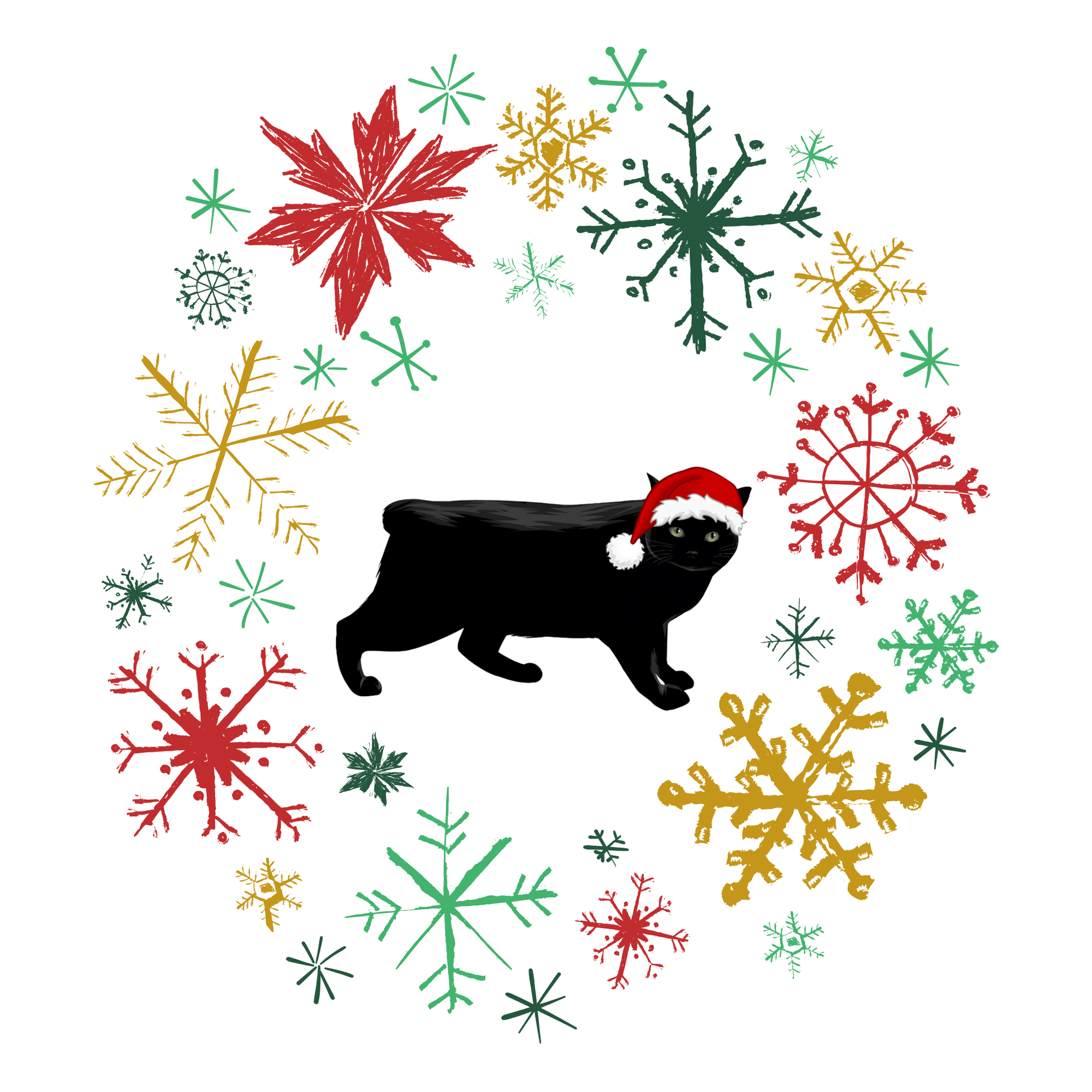 Black Cat Santa in Holiday Wreath Sticker | Printable