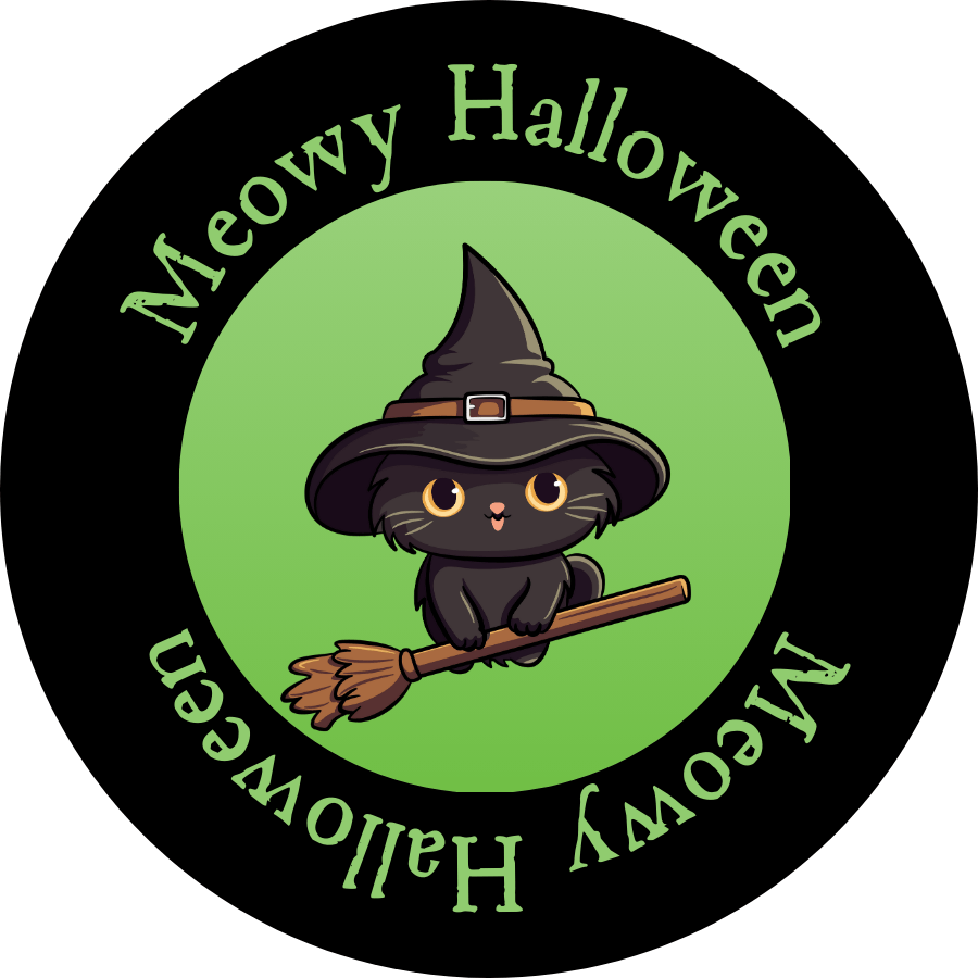 Cat on Broom Meowy Halloween Sticker | Printable