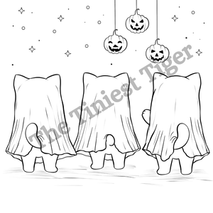 Fall Feline Fun Coloring Page. Cats in Ghost Costumes