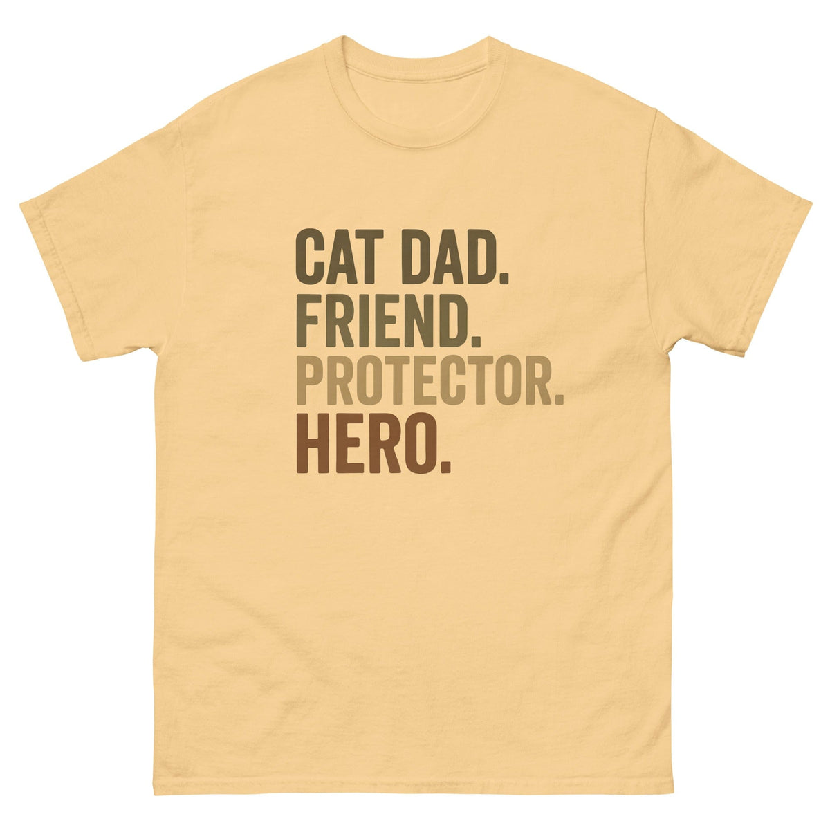 light yellow-brown shirt that says cat dad, friend, protector, hero