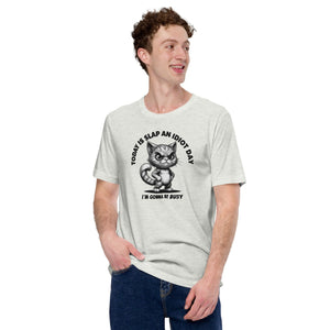 Cat T-Shirt | Slap and Idiot Day. on male model