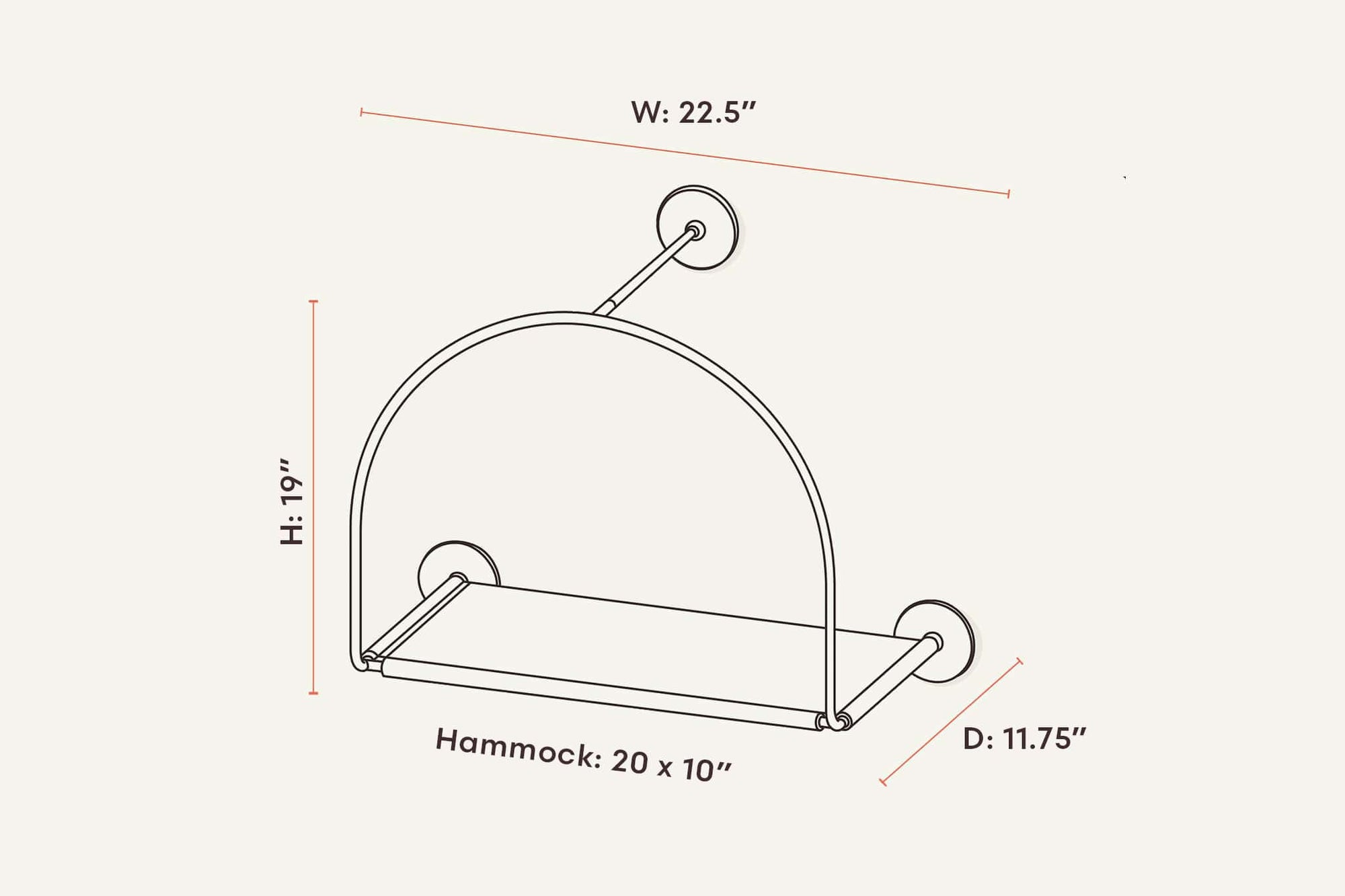 Tuft paw cat hammock diagram with labeled dimensions featured on white background