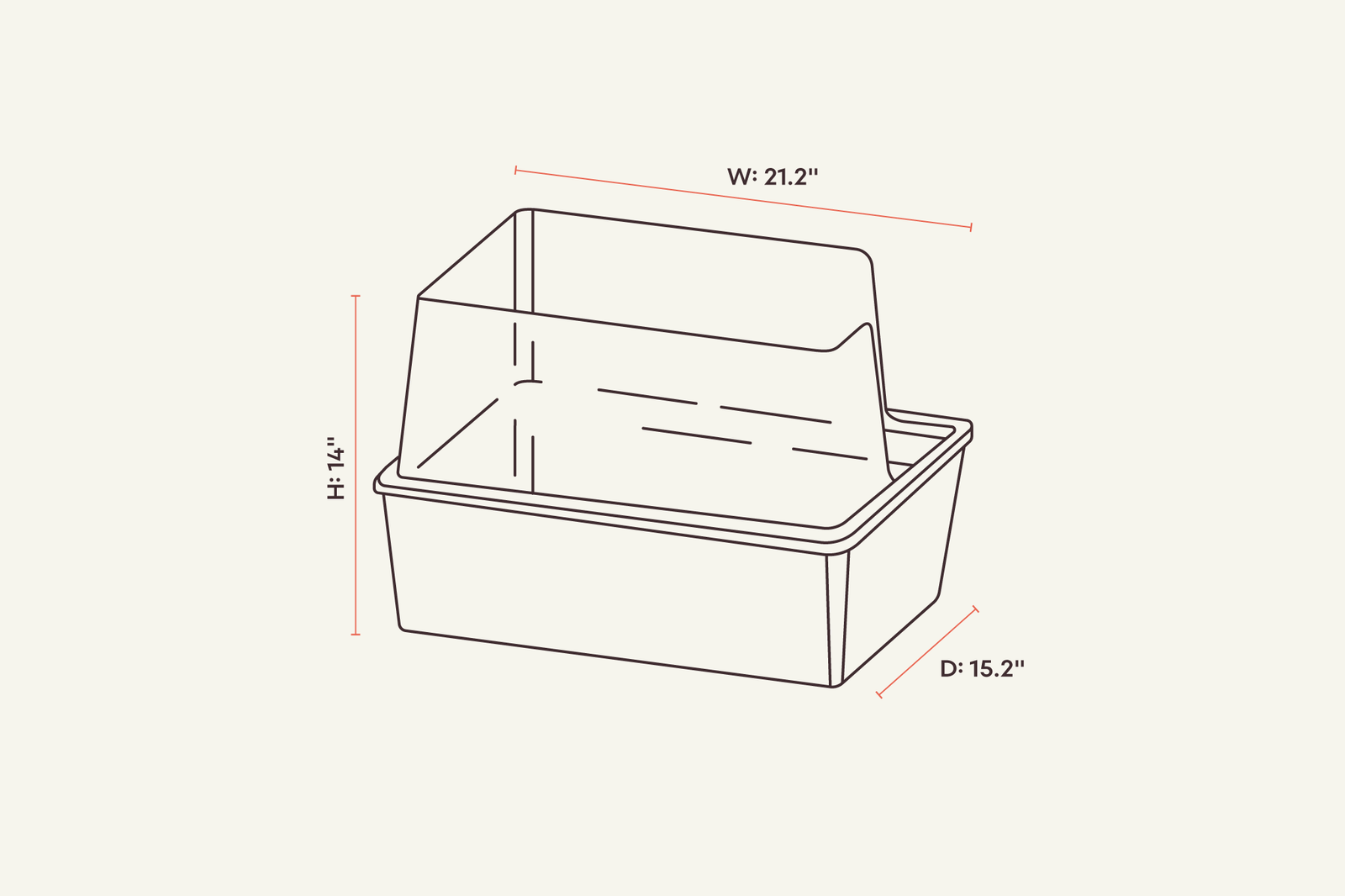 Tuft paw cat litter box cubby diagram labeled with dimensions featured on white background