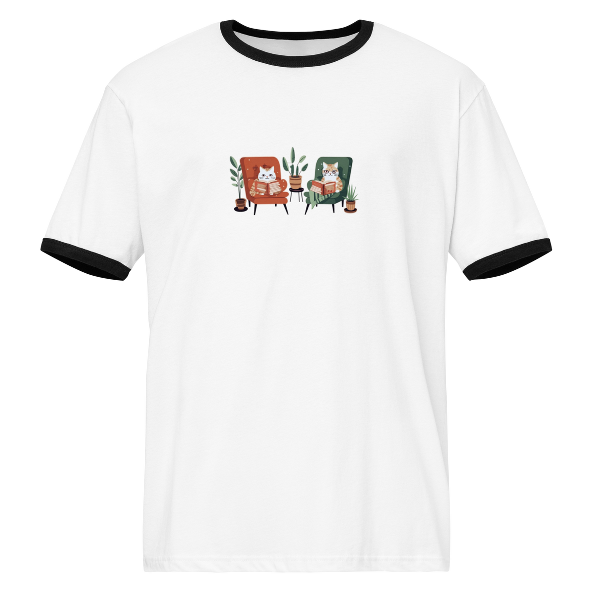 A white ringer t-shirt with black trim on the collar and sleeve cuffs, featuring a central graphic of two cats sitting in orange and green armchairs reading books.