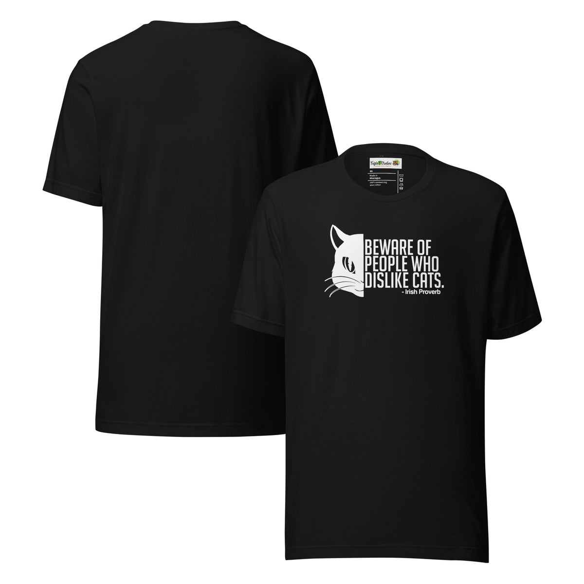 Black t-shirt with a cat graphic and text on a white background