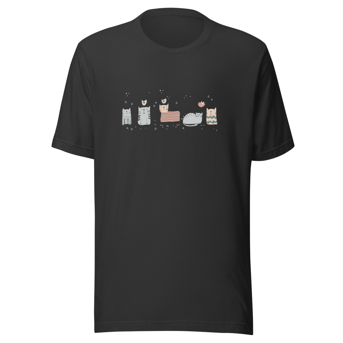 A black short-sleeve crewneck t-shirt featuring a horizontal graphic print of six cartoon cats in various poses and colors across the chest, displayed on a clean white background.