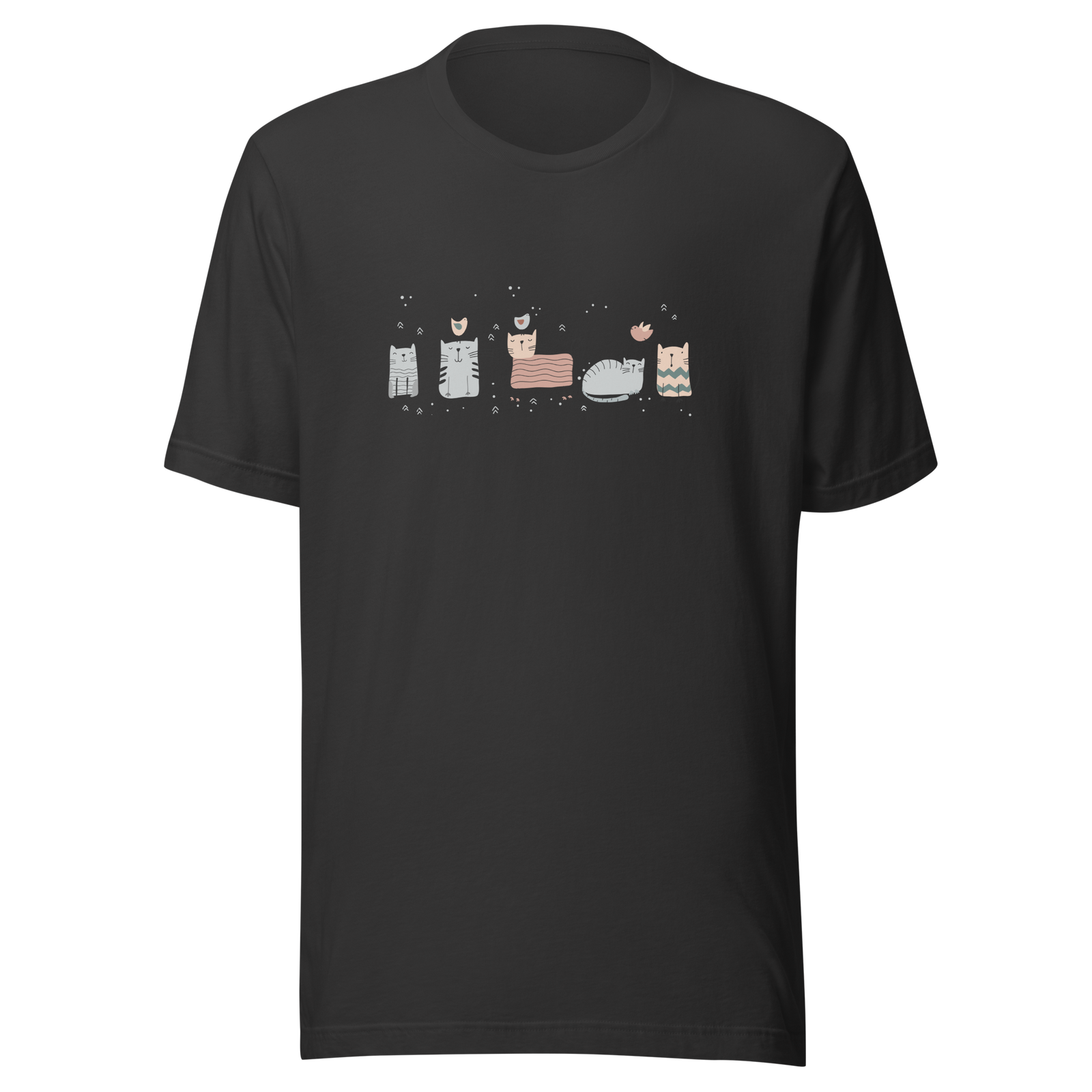 A black short-sleeve crewneck t-shirt featuring a horizontal graphic print of six cartoon cats in various poses and colors across the chest, displayed on a clean white background.