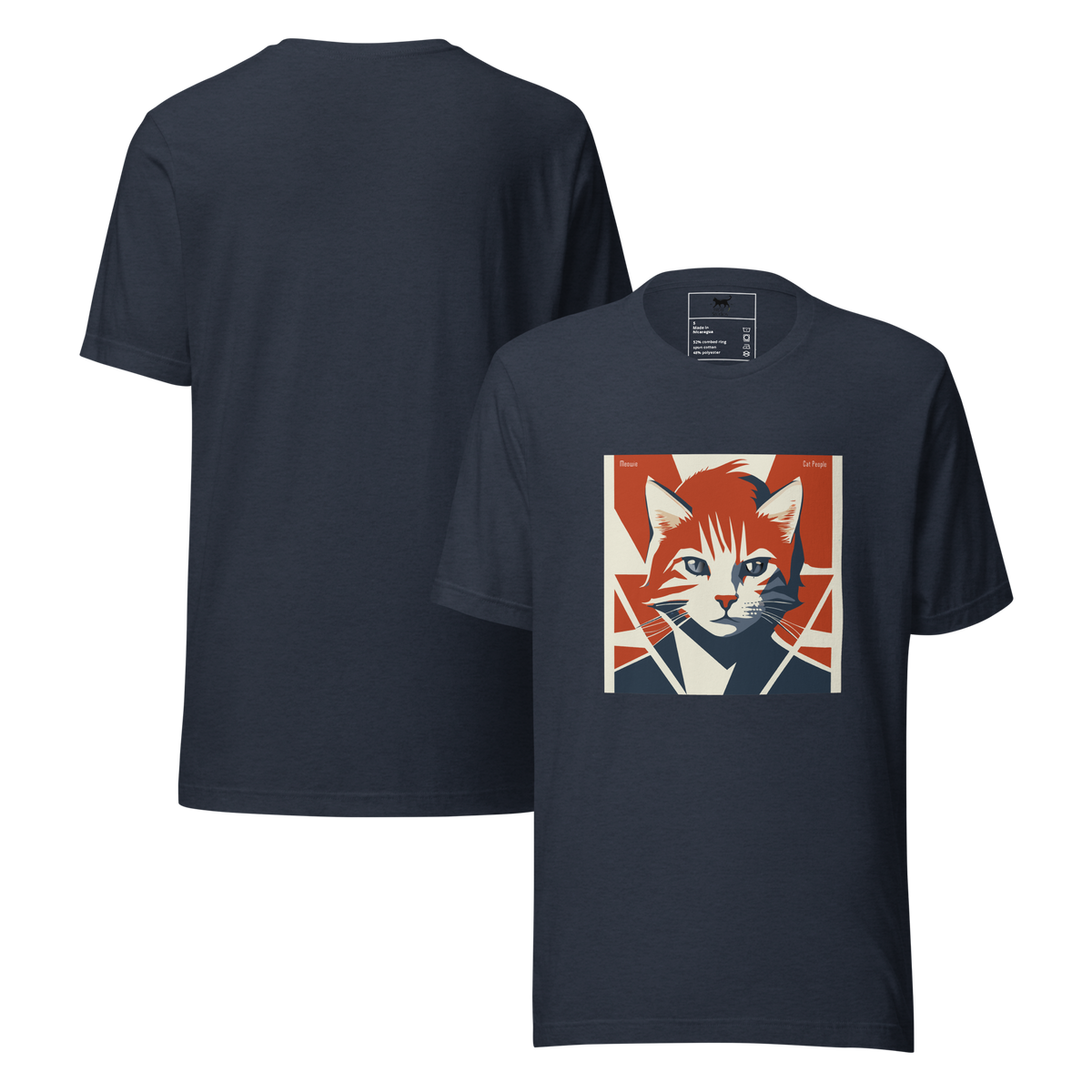 Heather navy t-shirt features a cat themed Bowie album cover but it says Meowie.