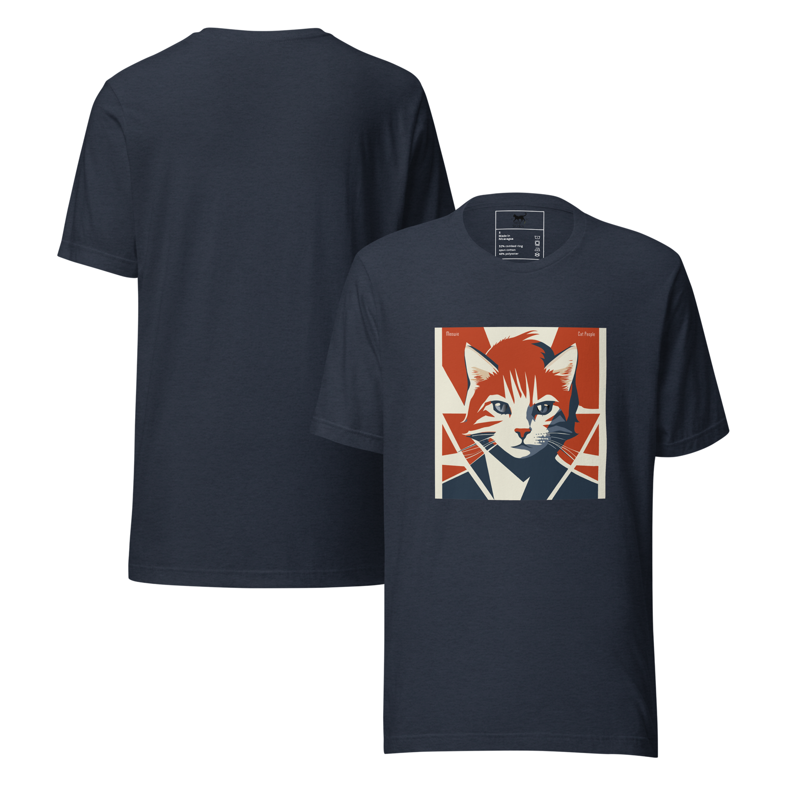 Heather navy t-shirt features a cat themed Bowie album cover but it says Meowie.