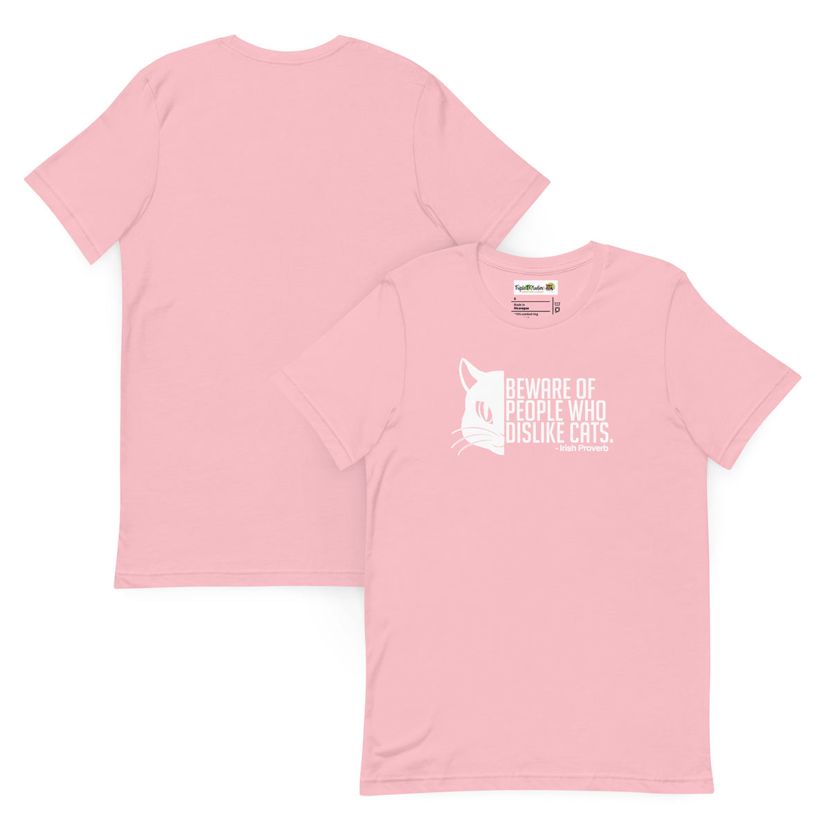 Pink t-shirt with a cat graphic and text on a white background