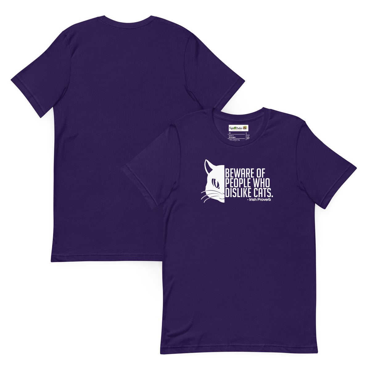 Purple t-shirt with a graphic and text on a white background