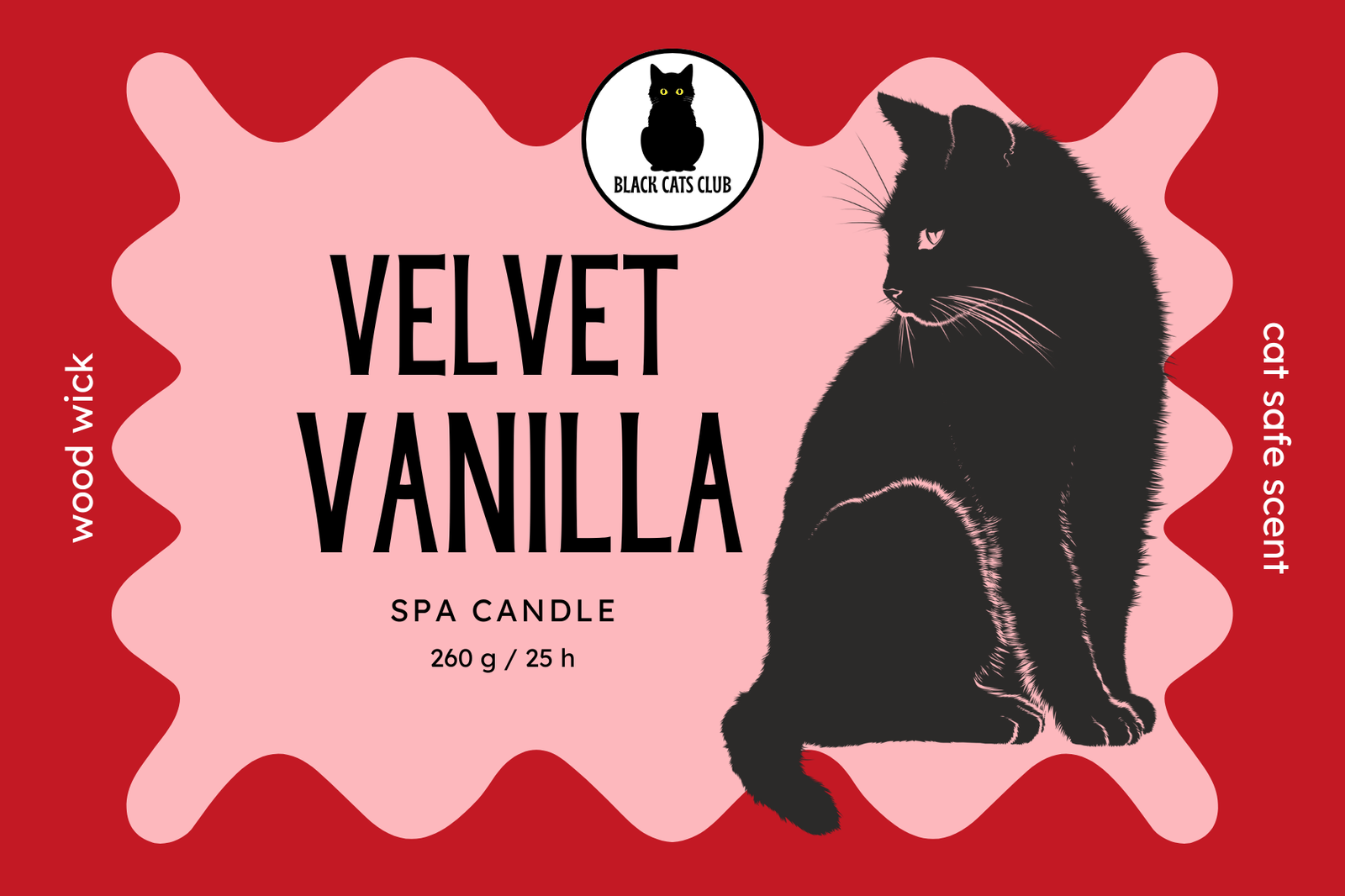 Candle packaging for 'Velvet Vanilla' with a black cat illustration on a red background.