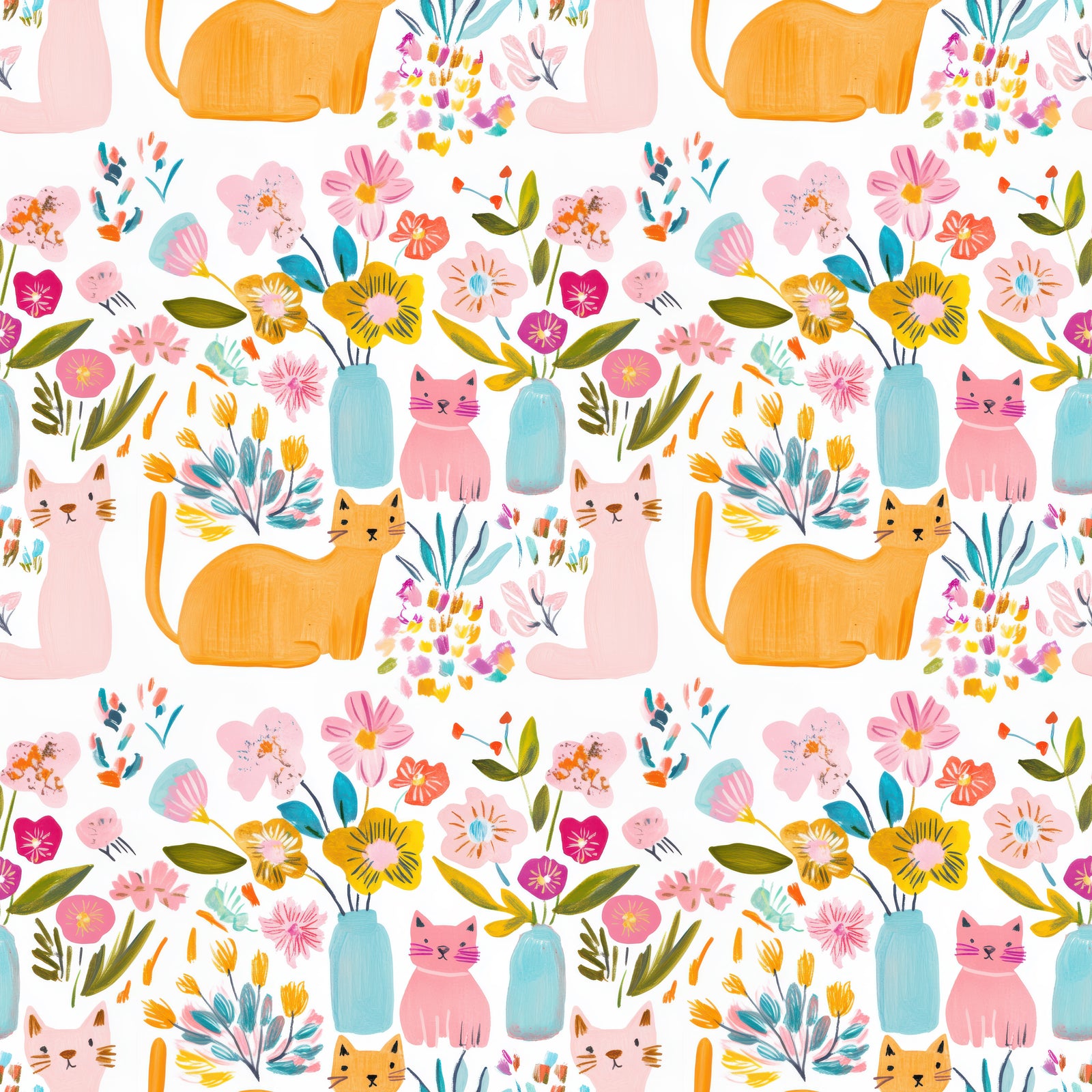 Pattern of cats, flowers, and vases on a white background