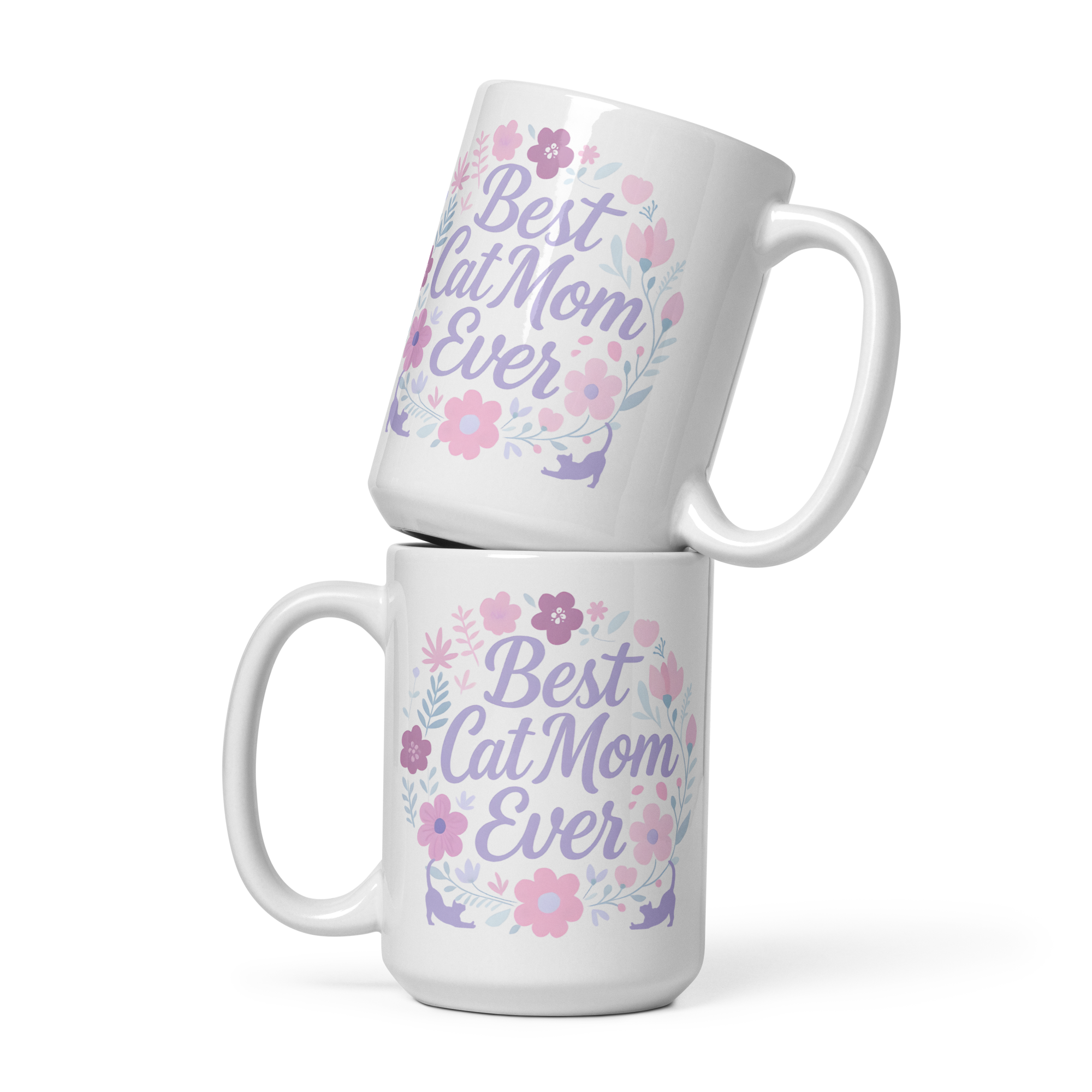 Two white mugs with floral designs and text on a white background