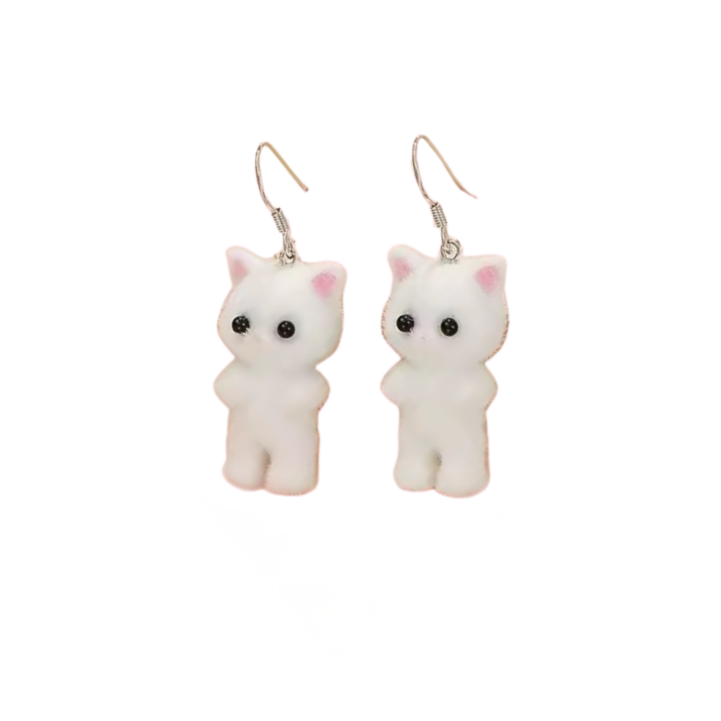 White cat-shaped earrings on a white background