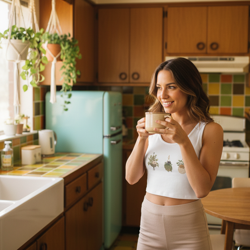 Woman holding a mug in a vintage kitchen with wooden cabinets and a green refrigerator.