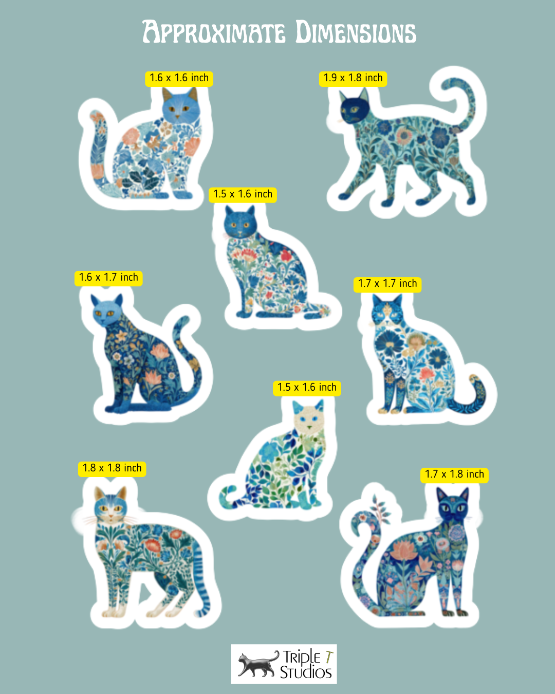 Illustrations of floral cat designs with approximate dimensions on a blue background, featuring the Triple 7 Studios logo.
