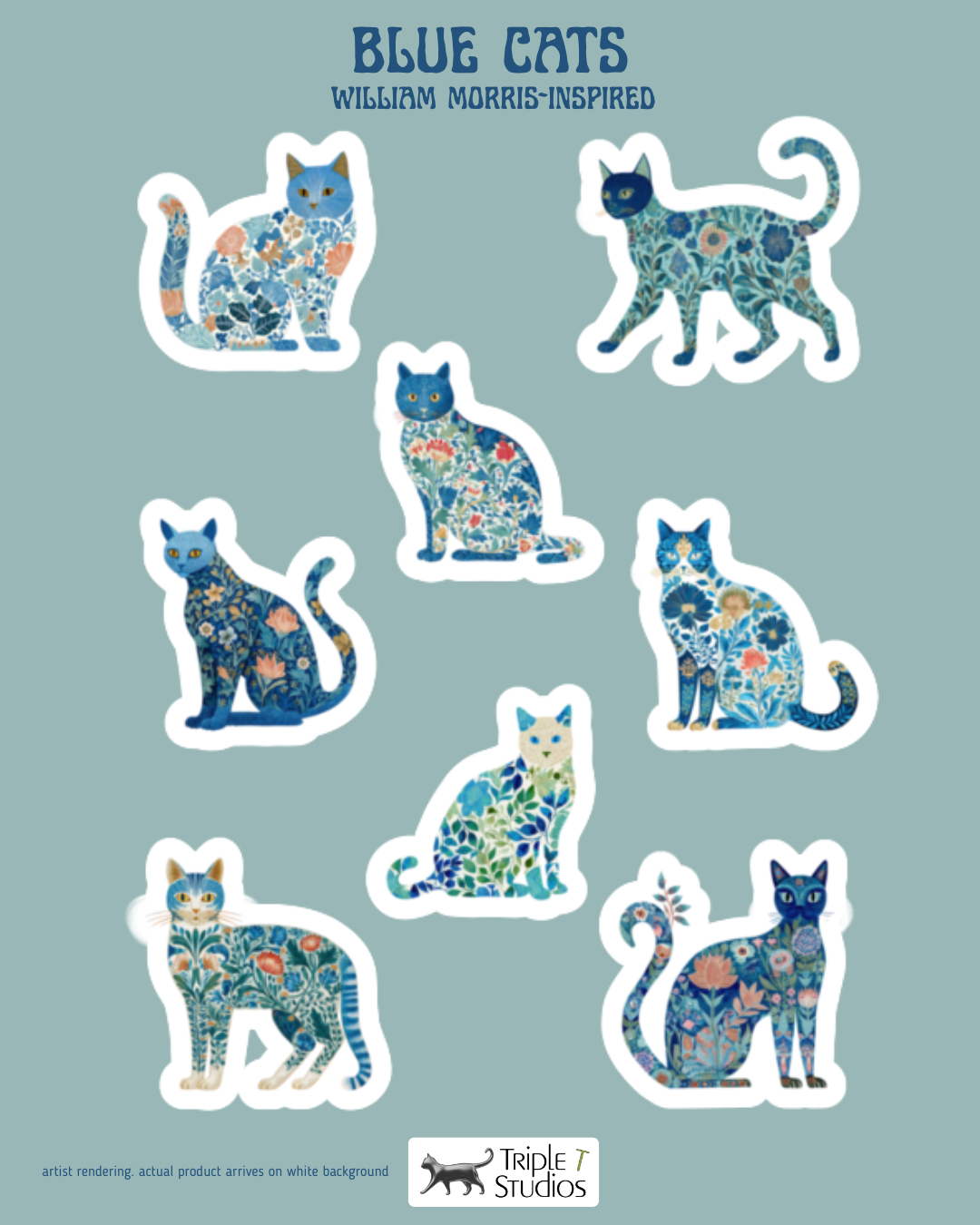 Set of blue cat illustrations on a light blue background with 'Triple 7 Studios' branding.