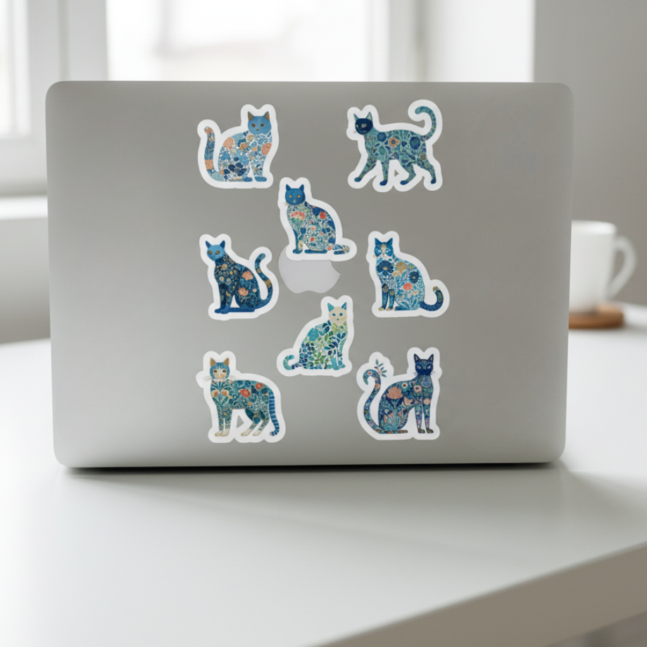 Laptop with floral cat stickers on a desk