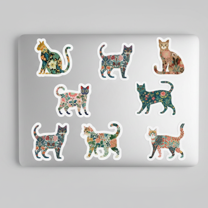 Set of cat-shaped stickers on a laptop lid with a beige background