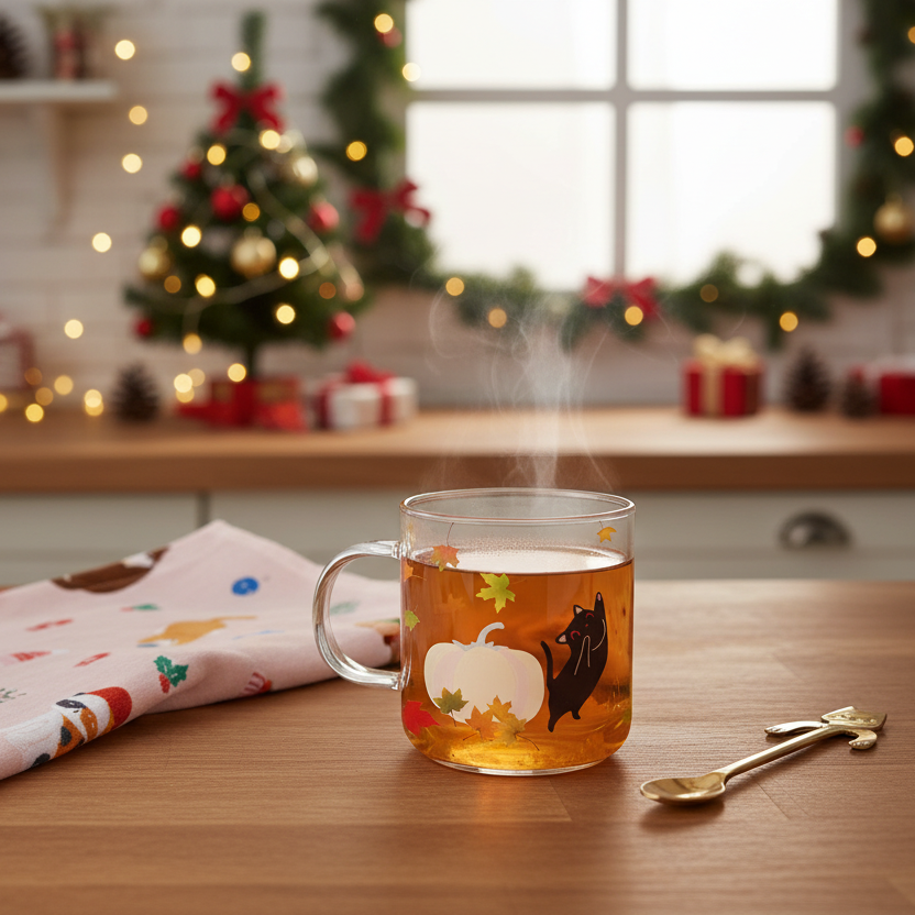 Steaming handpainted glass mug of tea with cats and pumpkins on a wooden counter next to a cat pattern kitchen towel and cat spoon