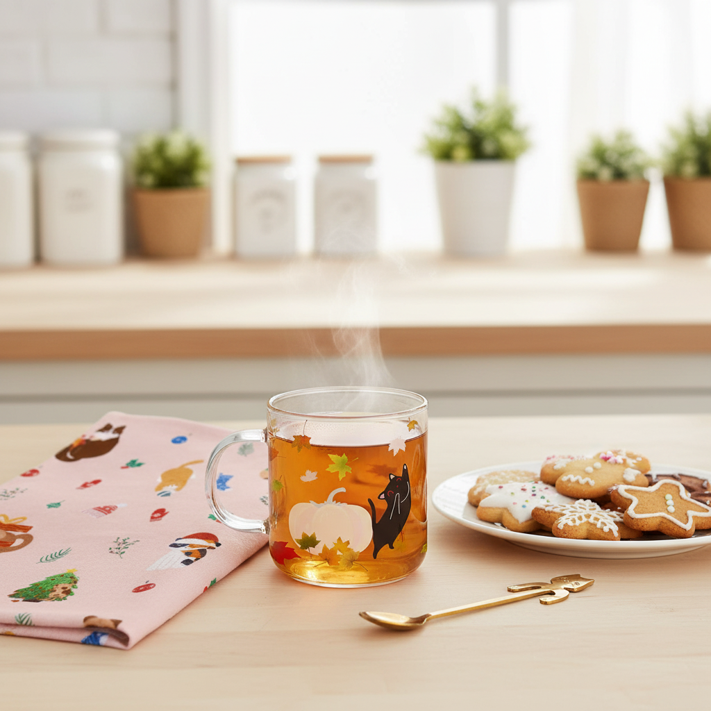 Bundle of Cat Mug, Tea Towel, and Gold Spoon next to christmas cookies on a kitchen counter