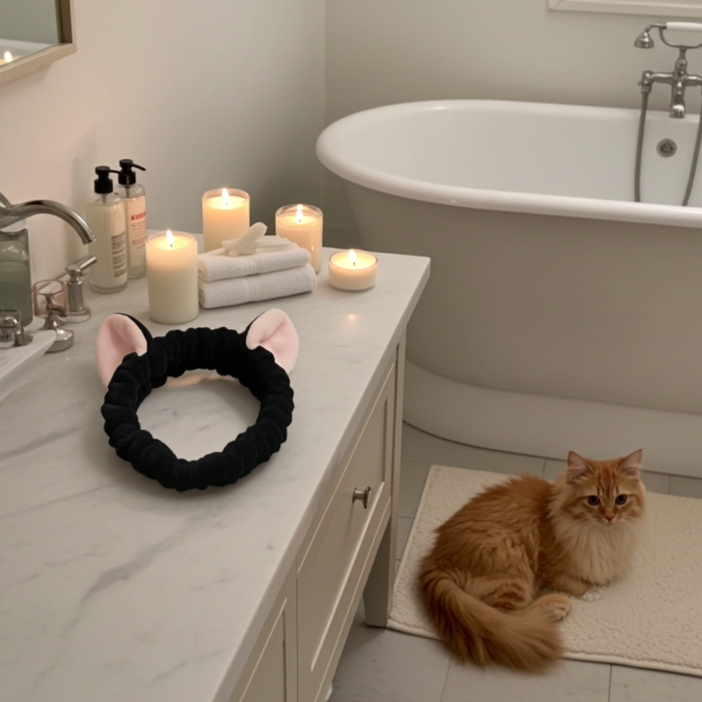 Cat sitting on a bath mat in a bathroom with candles and a black scrunchie on a counter.