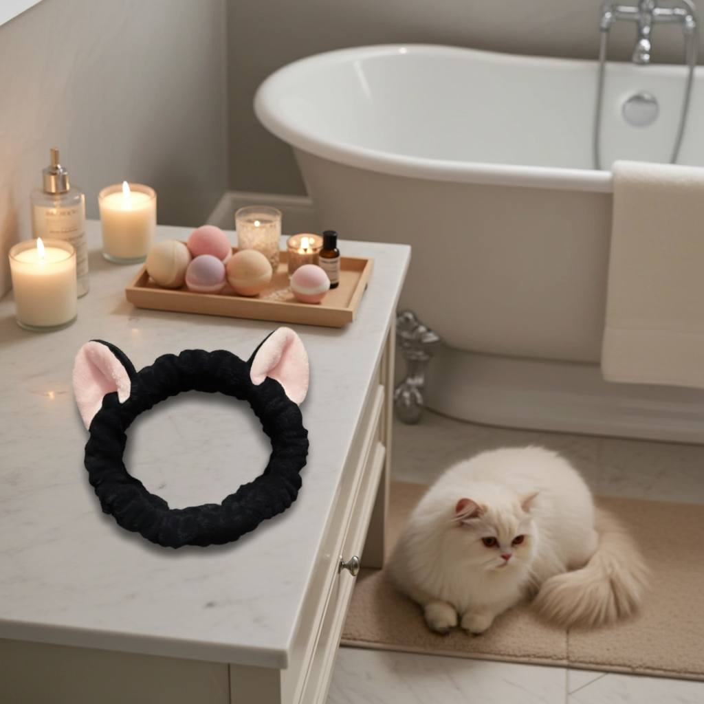 Black scrunchie with pink accents on a bathroom counter with a white cat sitting on a mat.