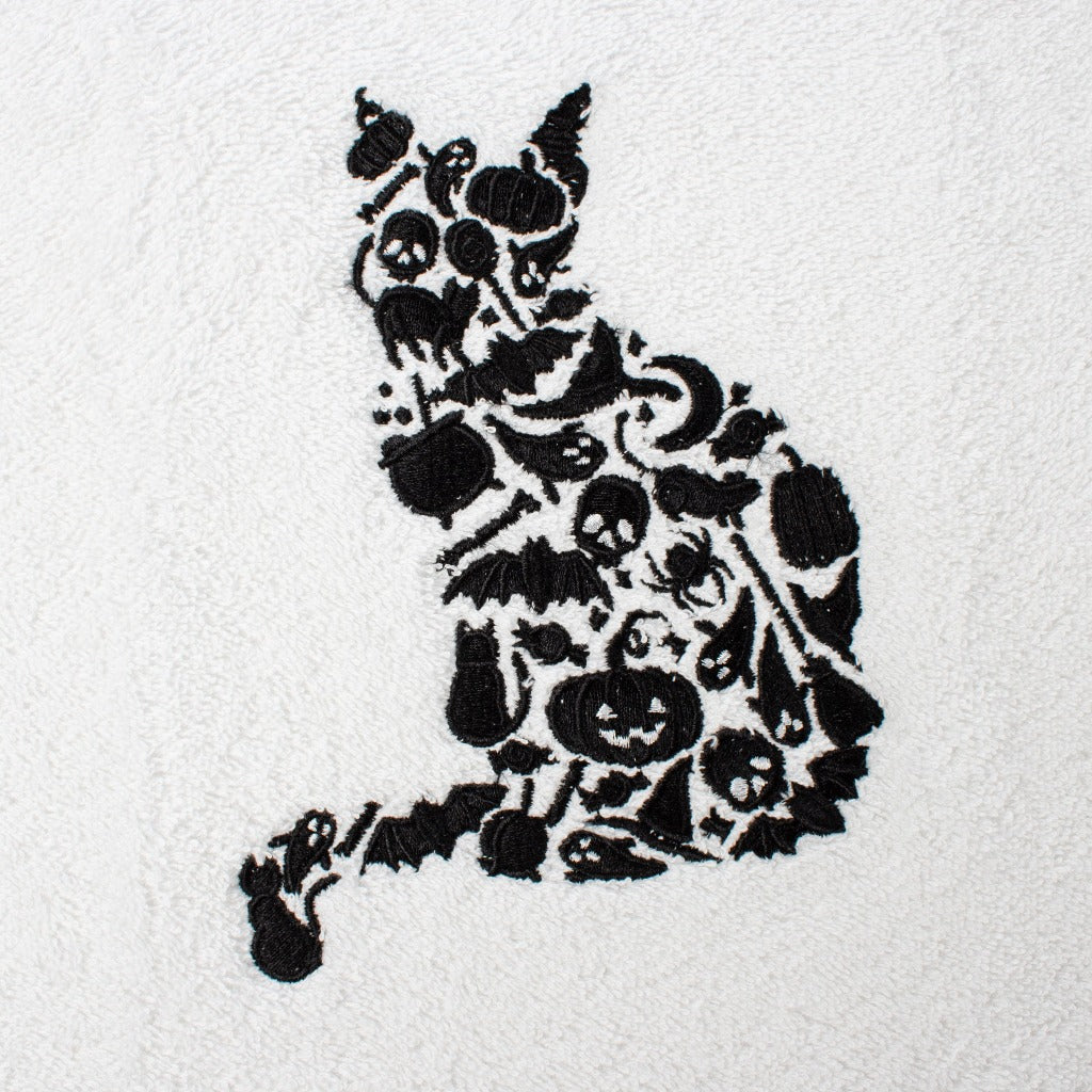White Embroidered Halloween Cat Towel