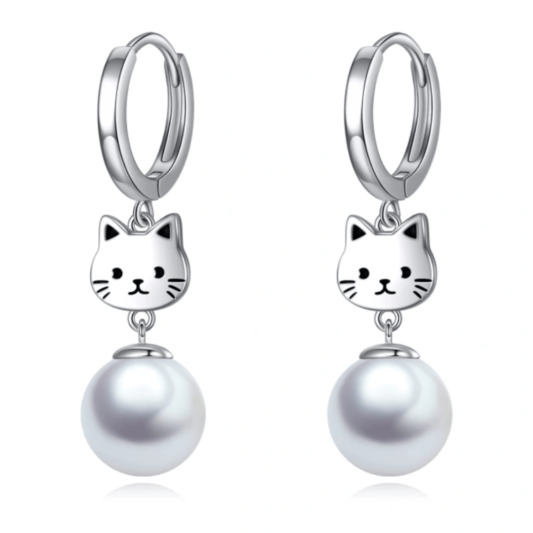 Sterling Silver Pearl Drop Cat Earrings