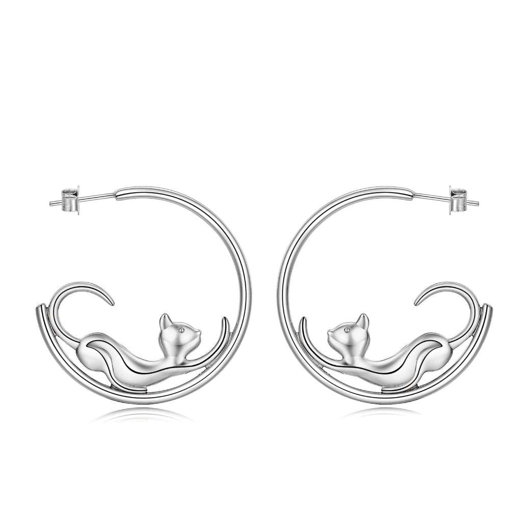 Cat Earrings-Silver Cat Hoop Earrings