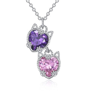 Pink and Purple Crystal Cat Charm Necklace