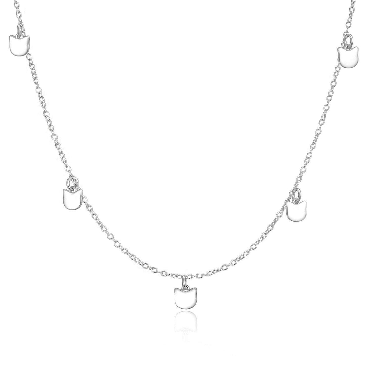 A sterling silver cat charm necklace with multiple charms in a chain link, displayed against a white background.