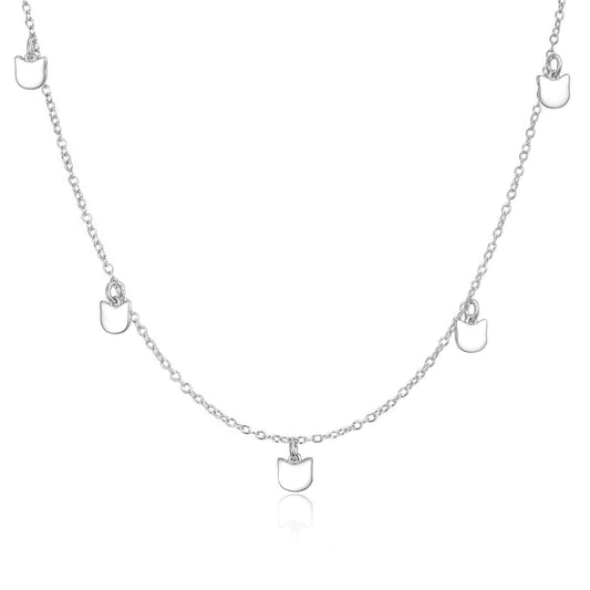 A sterling silver cat charm necklace with multiple charms in a chain link, displayed against a white background.