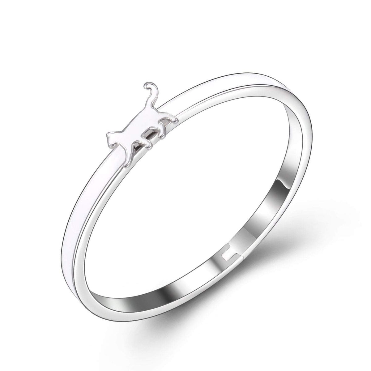 White Cat Enamel silver metal hinged bangle bracelet