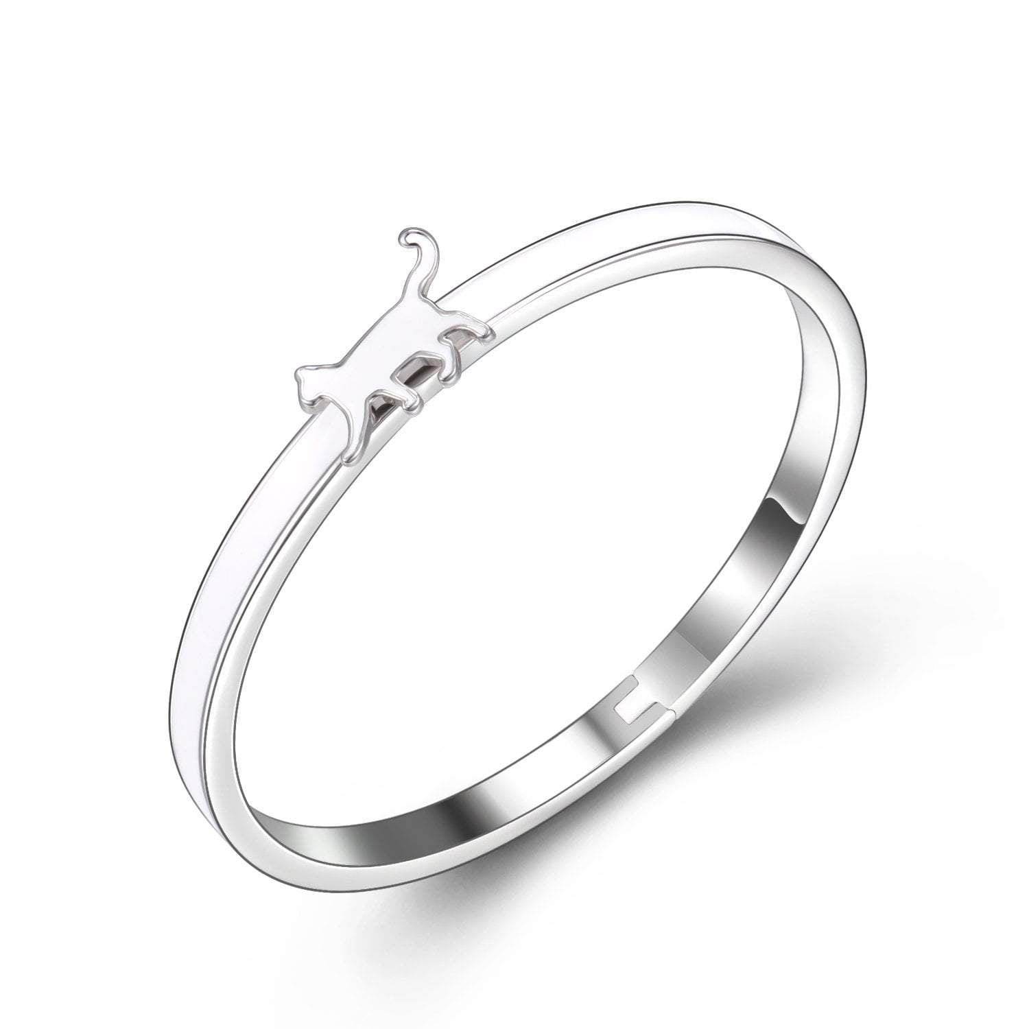 White Cat Enamel silver metal hinged bangle bracelet