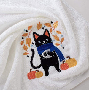 Cat & Pumpkins embroidered hand towel