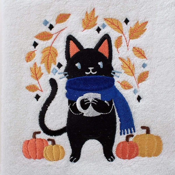 2 NEW FALL AUTUMN HALLOWEEN COTTON KITCHEN TOWELS BLACK CATS IN PUMPKIN  FIELD